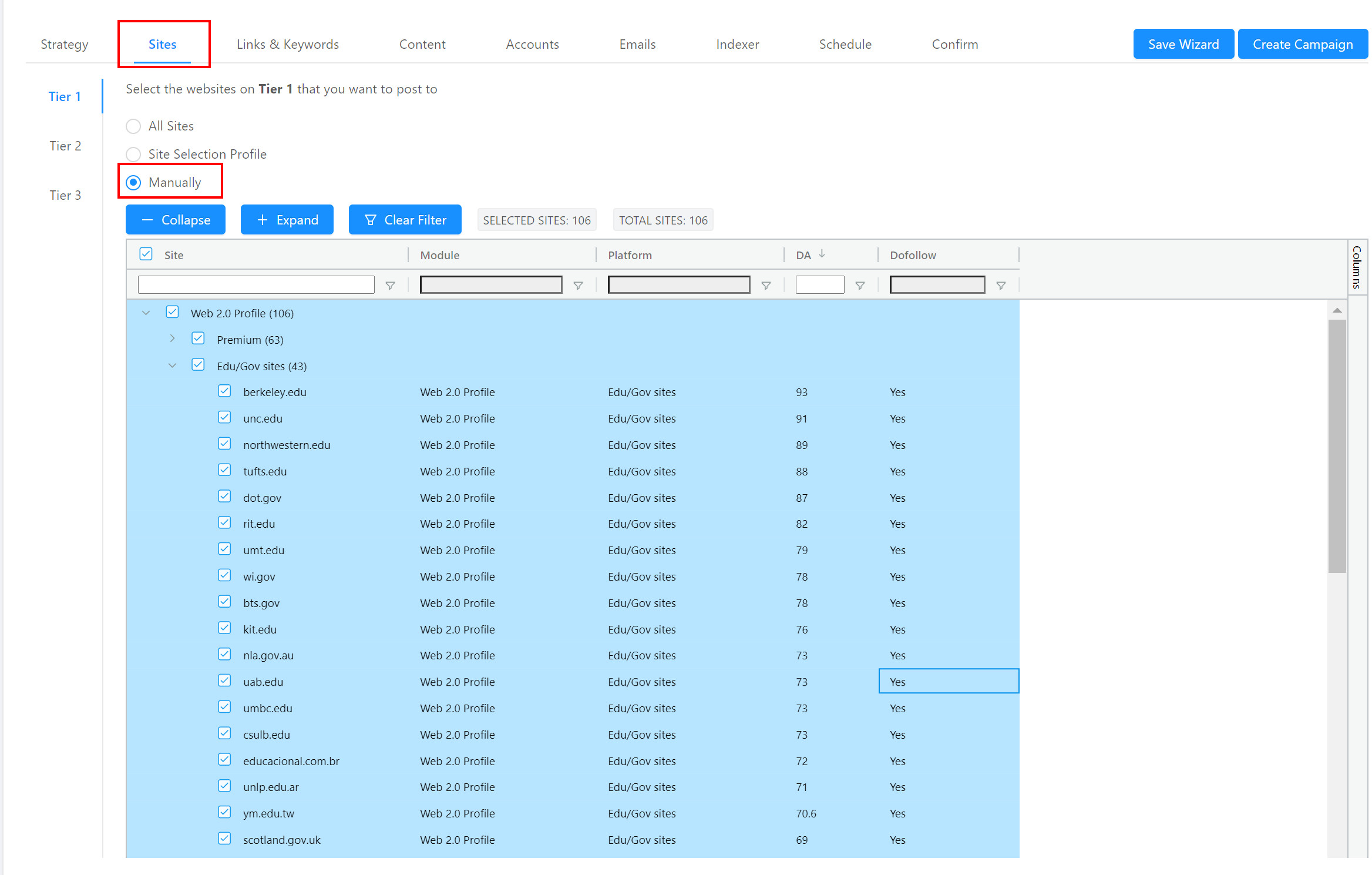 Sites Manually Select